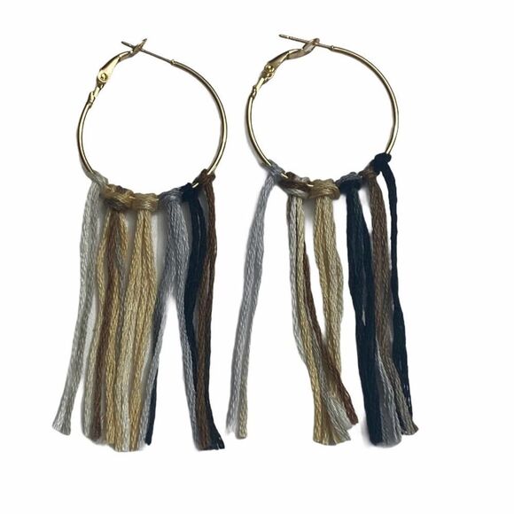 Boho Fringe Hoop Earrings Gold Neutral Colors‎ - Picture 1 of 5